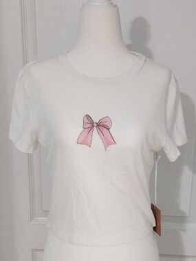 NWT! White Ribbed Short-Sleeve Crop Tee, Juniors Large By Bailey Rose